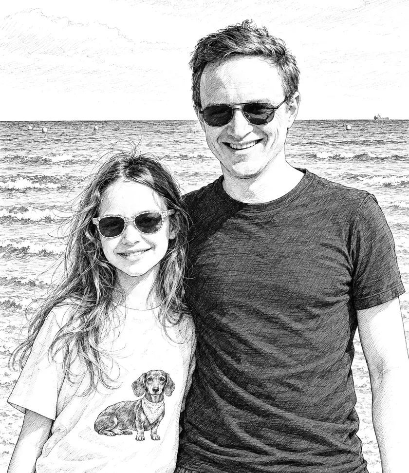 Gezeichnetes Porträt von Elisabeth und Georg Bender am Strand
