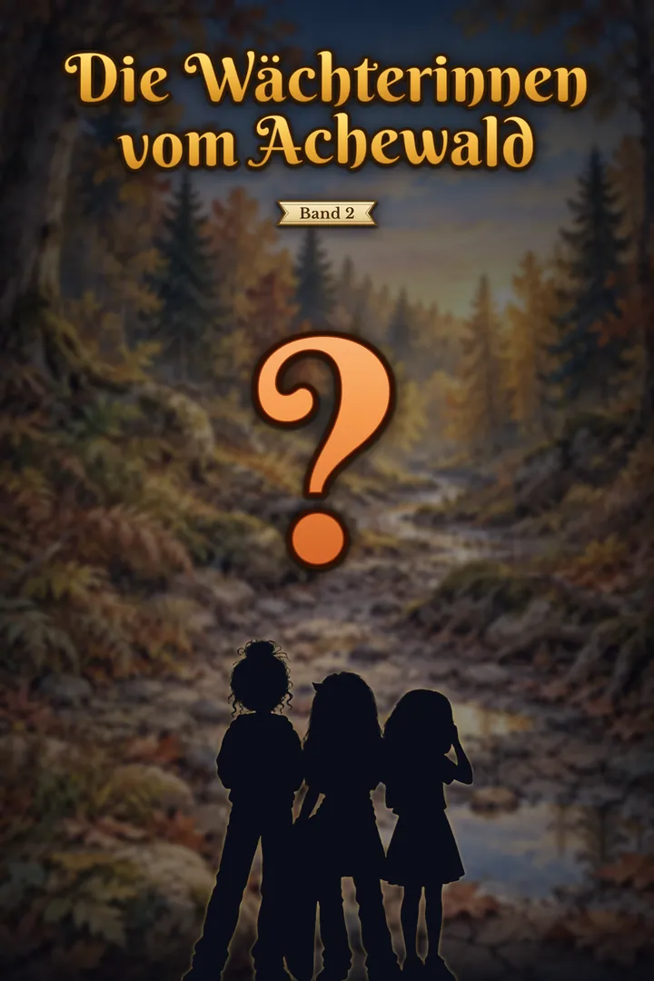 Vorschau auf Band 2: oben in Gold der Titel „Die Wächterinnen vom Achewald“ und das Schild „Band 2“, in der Mitte ein goldenes Fragezeichen. Unten stehen die drei Freundinnen als dunkle Silhouetten und schauen in einen dunklen, verschwommenen Herbstwald mit einem fast ausgetrockneten Bach.