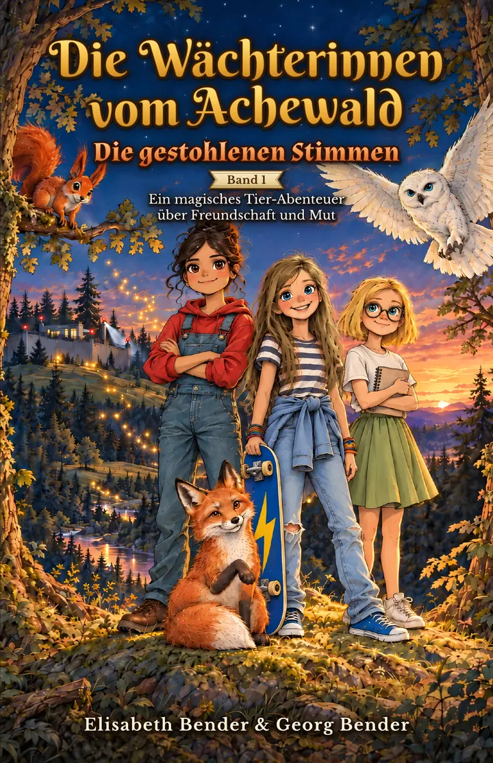 Cover von Band 1: Elli, Sophia und Sarah stehen in der Abenddämmerung auf einem Hügel im Wald, vor ihnen sitzt der Fuchs Rufus, über ihnen fliegt eine weiße Eule, im Baum sitzt ein Eichhörnchen.