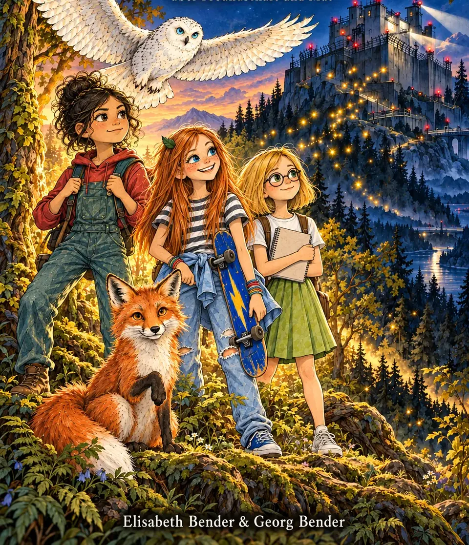 Ausschnitt aus dem ersten Cover-Versuch der KI: Die drei Mädchen und der Fuchs stehen am Hang, über ihnen fliegt eine gesprenkelte Eule, rechts thront eine beleuchtete Burg auf einem hohen Berg.