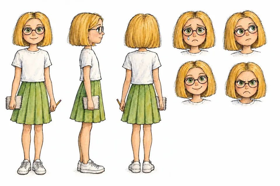 Figurenblatt von Sophia: von vorn, von der Seite und von hinten mit Notizbuch, dazu vier Gesichter.