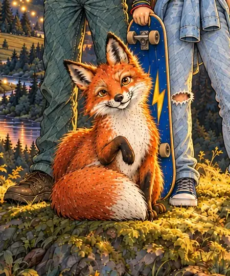 Ausschnitt vorher: der Fuchs vor dem Skateboard, der Schwanz liegt neben ihm.