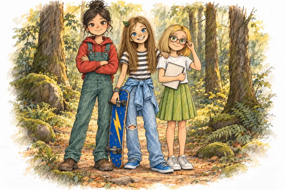 Sarah, Elli und Sophia stehen nebeneinander auf einem Waldweg zwischen hohen Bäumen und lächeln.