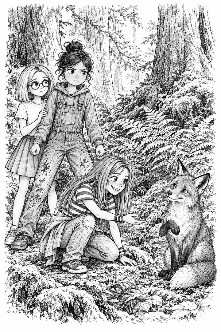 Schwarz-weiße Zeichnung aus dem Buch: Elli kniet im Farn und streckt die Hand nach einem Fuchs aus, hinter ihr stehen Sarah und Sophia zwischen hohen Bäumen.