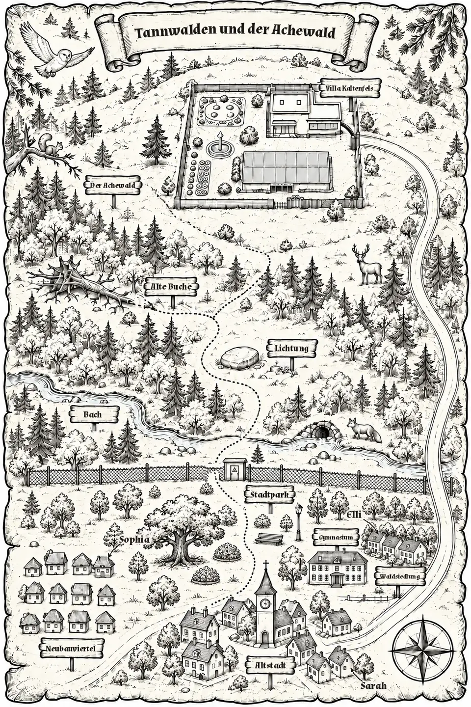 Gezeichnete Landkarte von Tannwalden und dem Wald mit beschrifteten Orten und Pfeilen zu den Wohnorten der drei Mädchen.