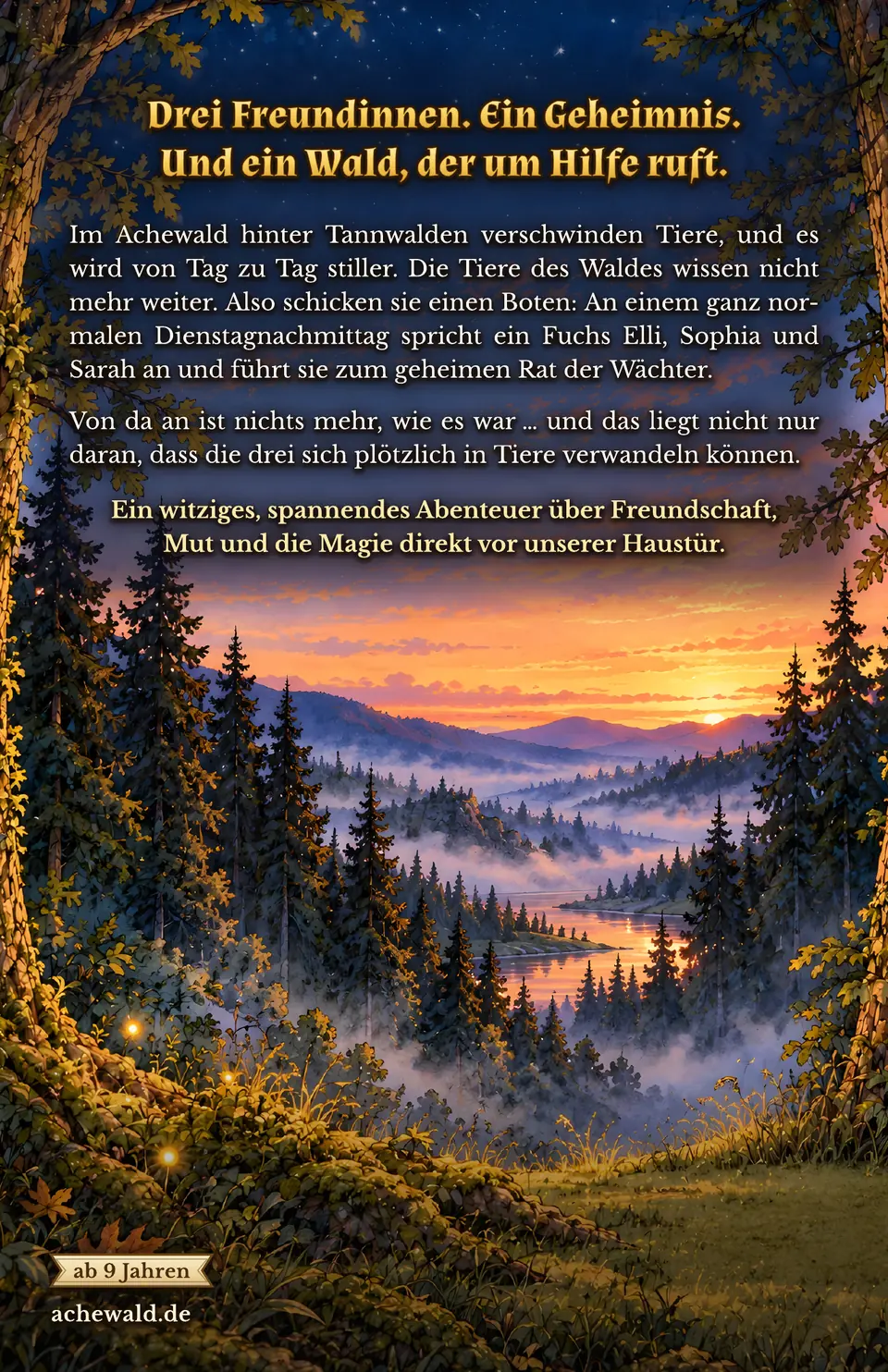 Die Rückseite: ein nebliges Tal im Wald in der Abenddämmerung, oben der Klappentext.
