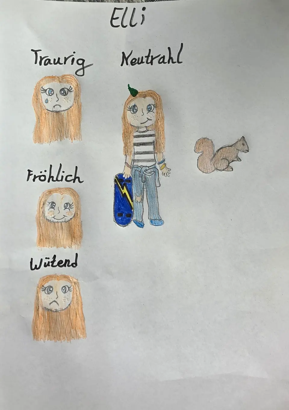 Elisabeths Buntstift-Skizze von Elli: lange rotblonde Haare, gestreiftes Shirt, Jeans, blaues Skateboard mit gelbem Blitz, dazu drei Gesichter mit den Beschriftungen traurig, fröhlich und wütend und ein kleines Eichhörnchen.