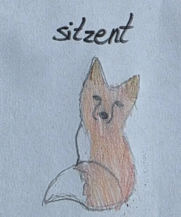 Elisabeths Buntstift-Skizze von Rufus: ein sitzender Fuchs mit buschigem Schwanz, darüber steht „sitzent“.
