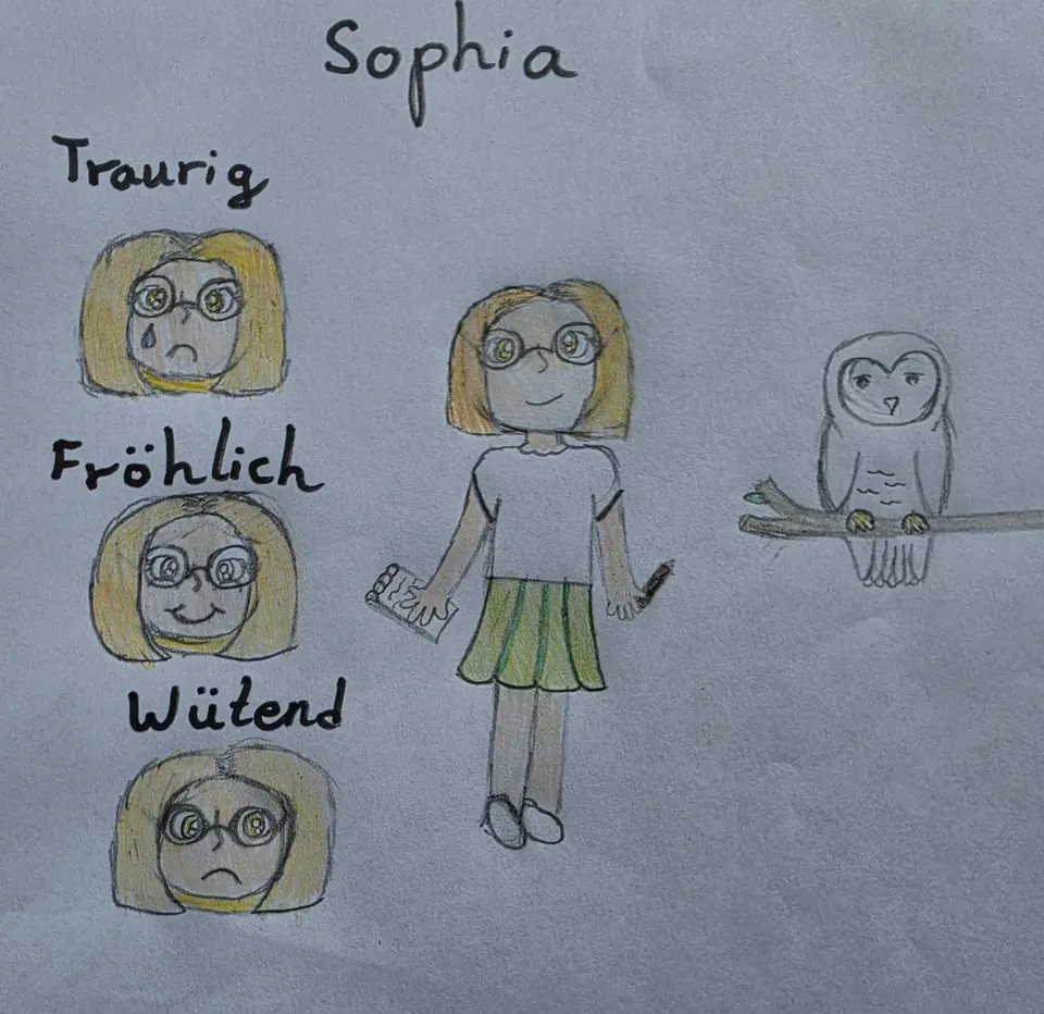 Elisabeths Skizze von Sophia: blonder Bob, runde Brille, weißes T-Shirt, grüner Rock, Notizbuch in der Hand, drei Gesichter und eine weiße Eule auf einem Ast.