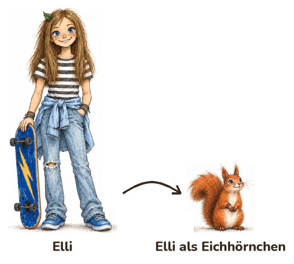Links Elli mit ihrem Skateboard, beschriftet „Elli“. Ein Pfeil zeigt nach rechts auf ein kleines rotes Eichhörnchen, beschriftet „Elli als Eichhörnchen“.