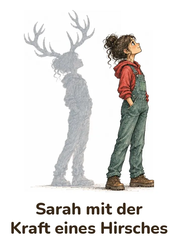 Sarah in Latzhose und rotem Hoodie schaut nach oben. Hinter ihr fällt ihr Schatten, und der Schatten trägt ein großes Geweih. Darunter steht „Sarah mit der Kraft eines Hirsches“.