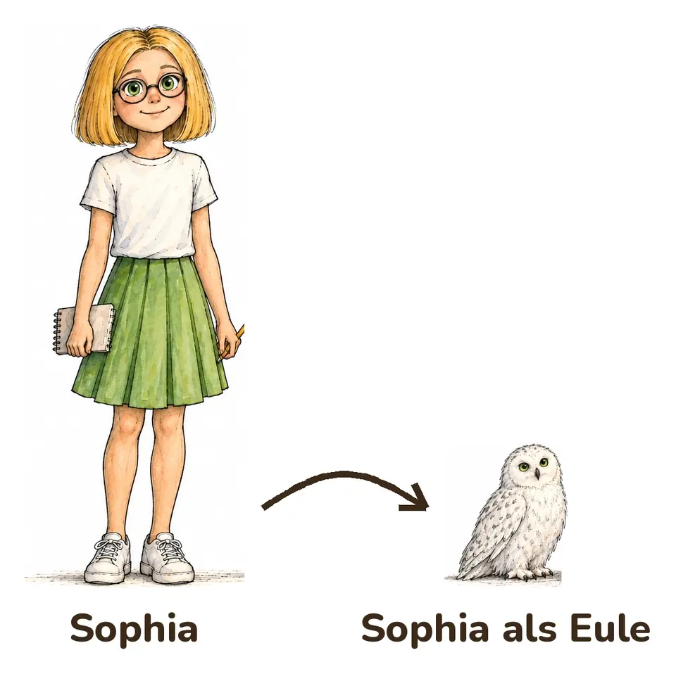Links Sophia mit Notizbuch und Stift, beschriftet „Sophia“. Ein Pfeil zeigt nach rechts auf eine kleine weiße Eule mit grauen Sprenkeln und grünen Augen, beschriftet „Sophia als Eule“.